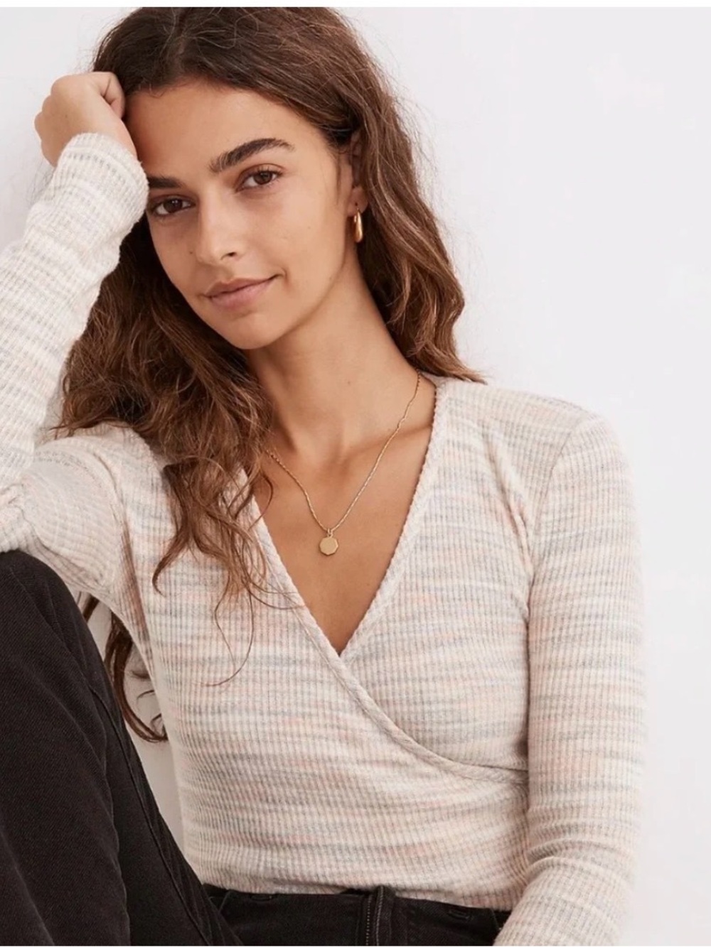 Madewell Striped Ribbed Knit Top in Cream and Light Blue